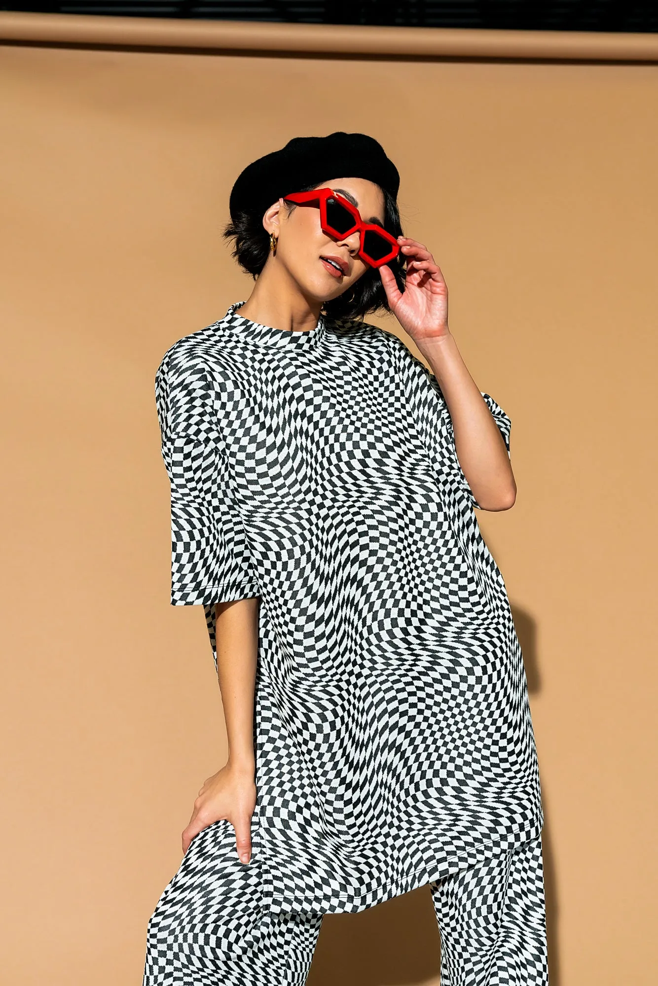 Leveled Up Double Knit Playsuit in Groovy Black Checker sold by Dressed In Lala product image thumbnail 4