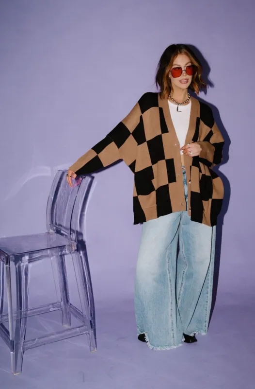Love You Oversized Checkerboard Cardigan in Black + Latte sold by Dressed In Lala