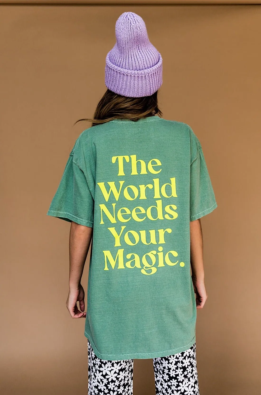The World Needs Your Magic Oversized Tee in Sage + Neon sold by Dressed In Lala
