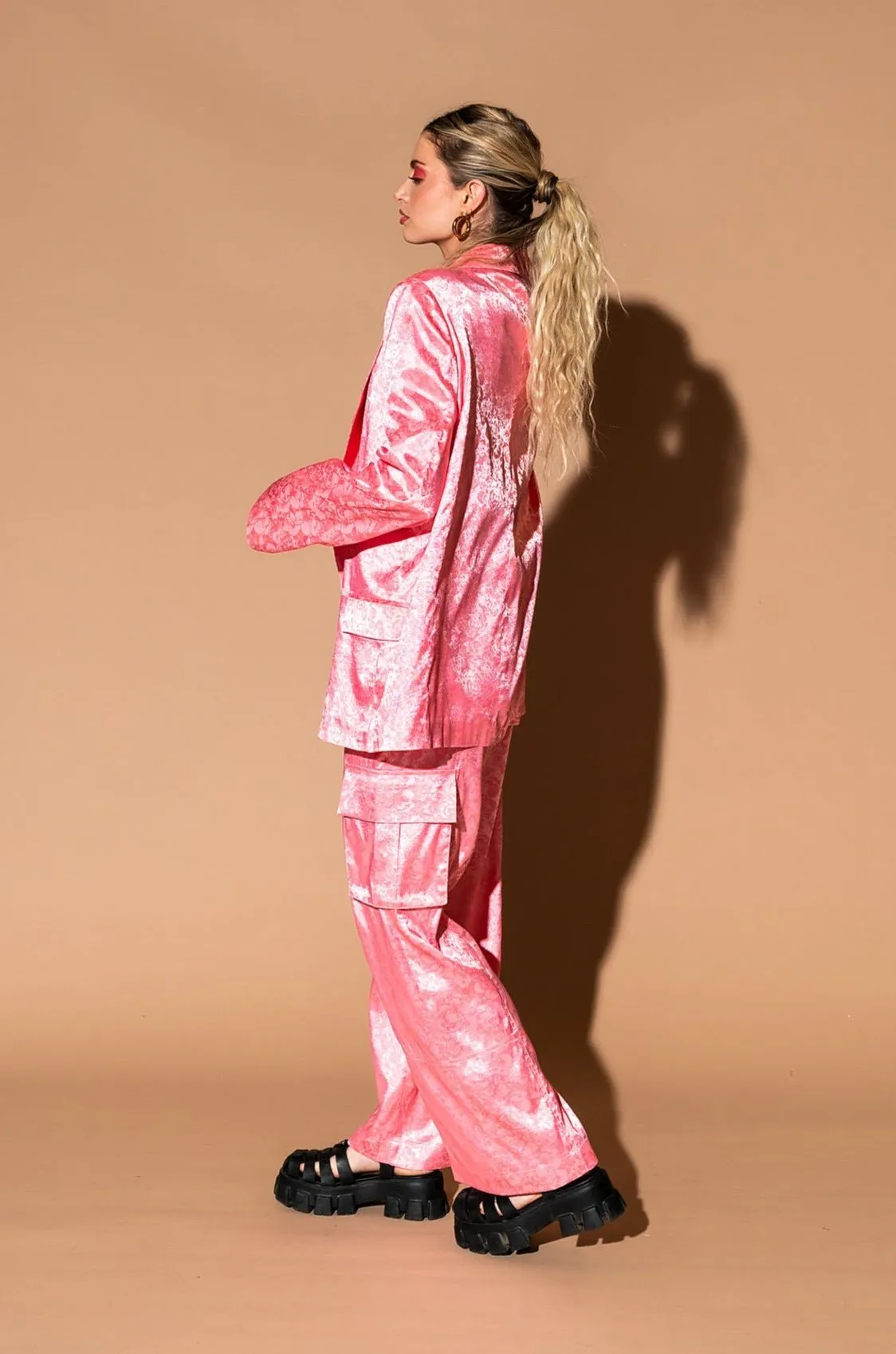 Lucky Girl Jacquard Floral Blazer + Cargo Pants Set in Coral Pink sold by Dressed In Lala product image thumbnail 3