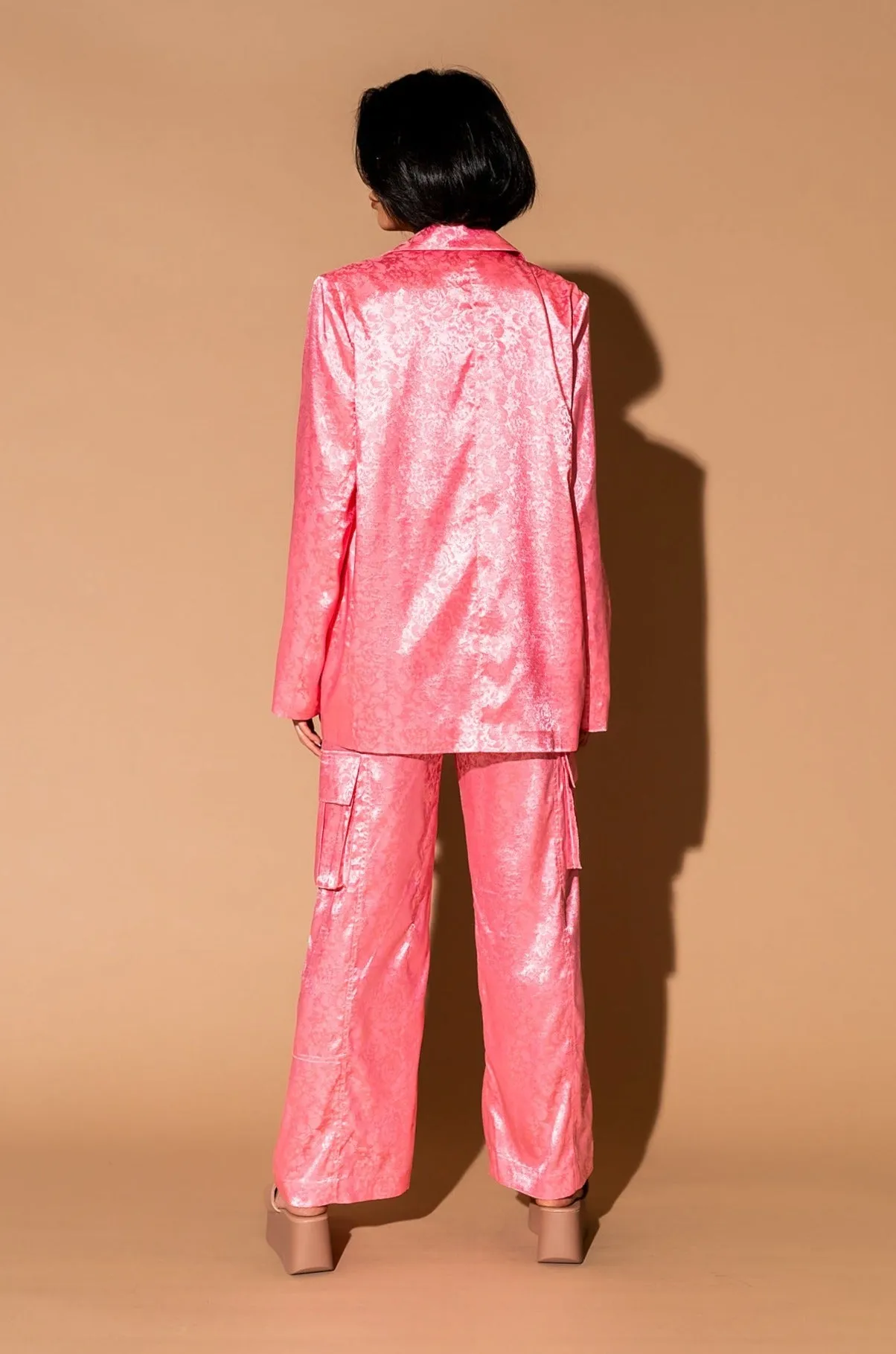 Lucky Girl Jacquard Floral Blazer + Cargo Pants Set in Coral Pink sold by Dressed In Lala product image thumbnail 4