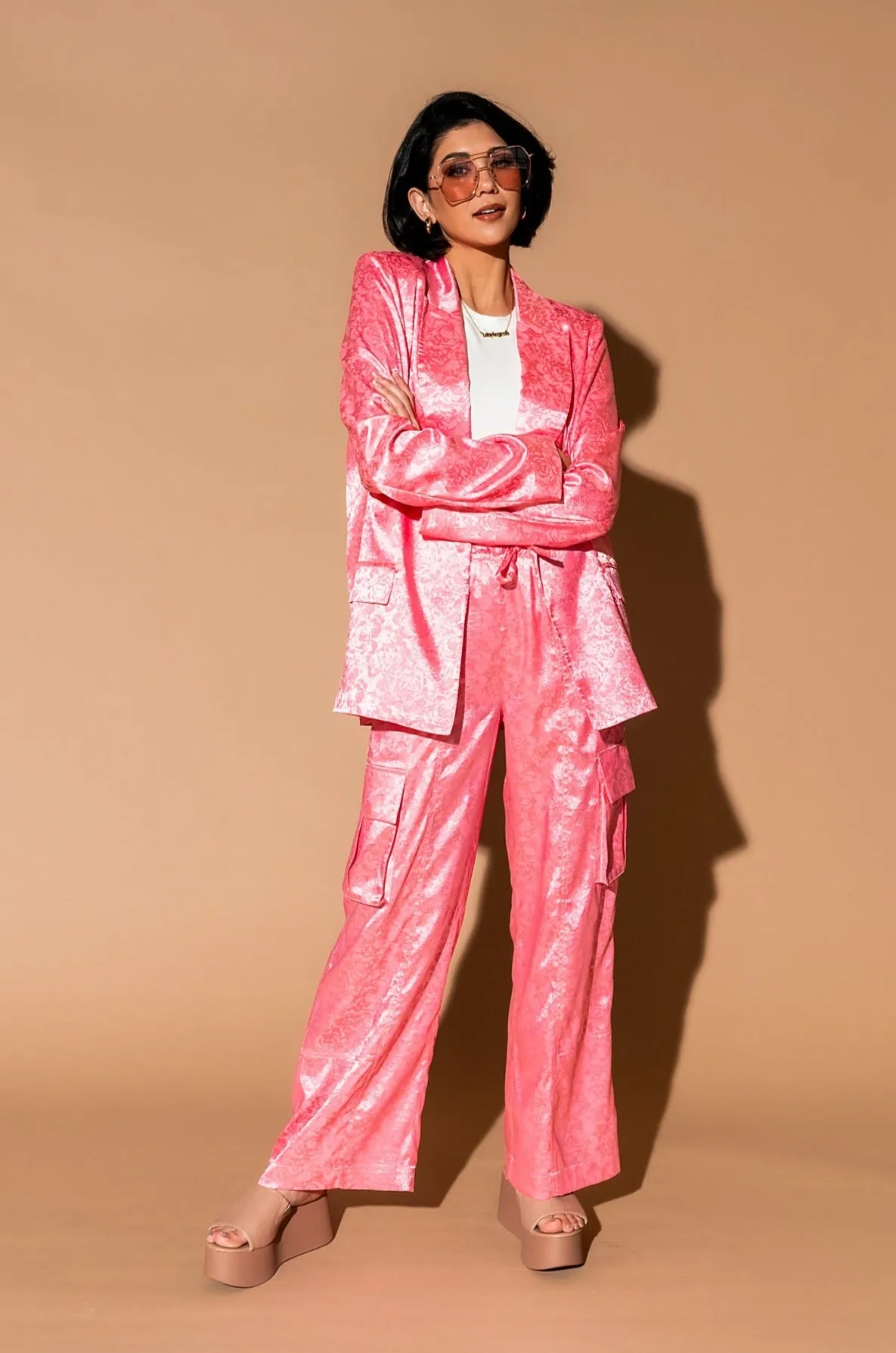 Lucky Girl Jacquard Floral Blazer + Cargo Pants Set in Coral Pink sold by Dressed In Lala