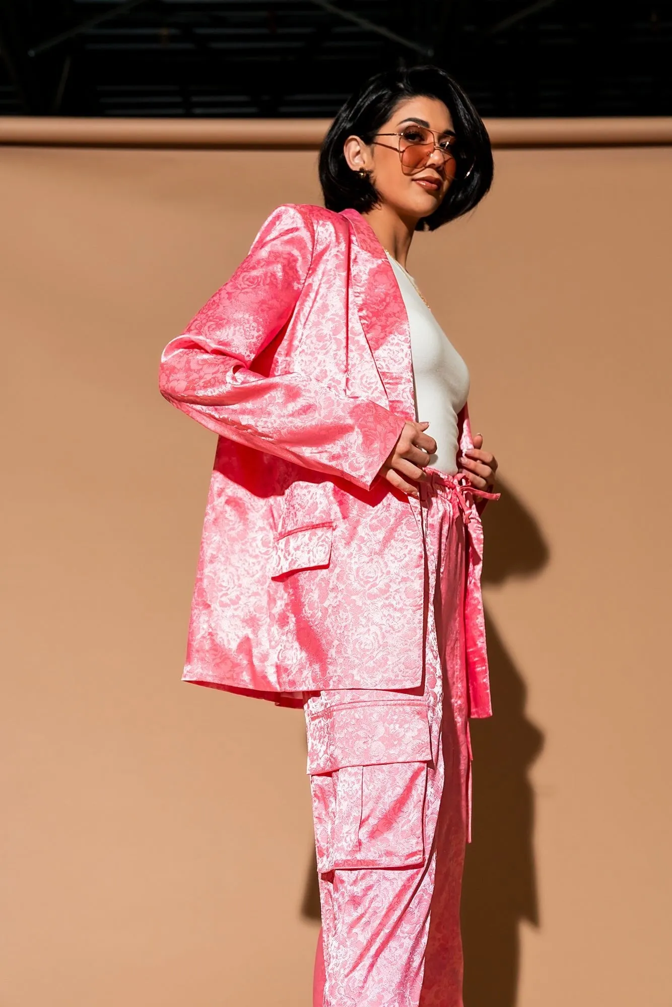 Lucky Girl Jacquard Floral Blazer + Cargo Pants Set in Coral Pink sold by Dressed In Lala product image thumbnail 5