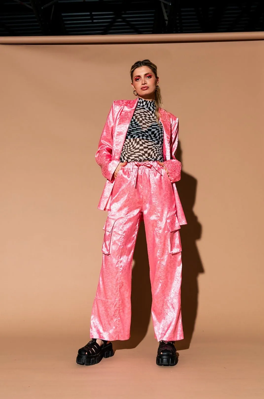 Lucky Girl Jacquard Floral Blazer + Cargo Pants Set in Coral Pink sold by Dressed In Lala product image thumbnail 2