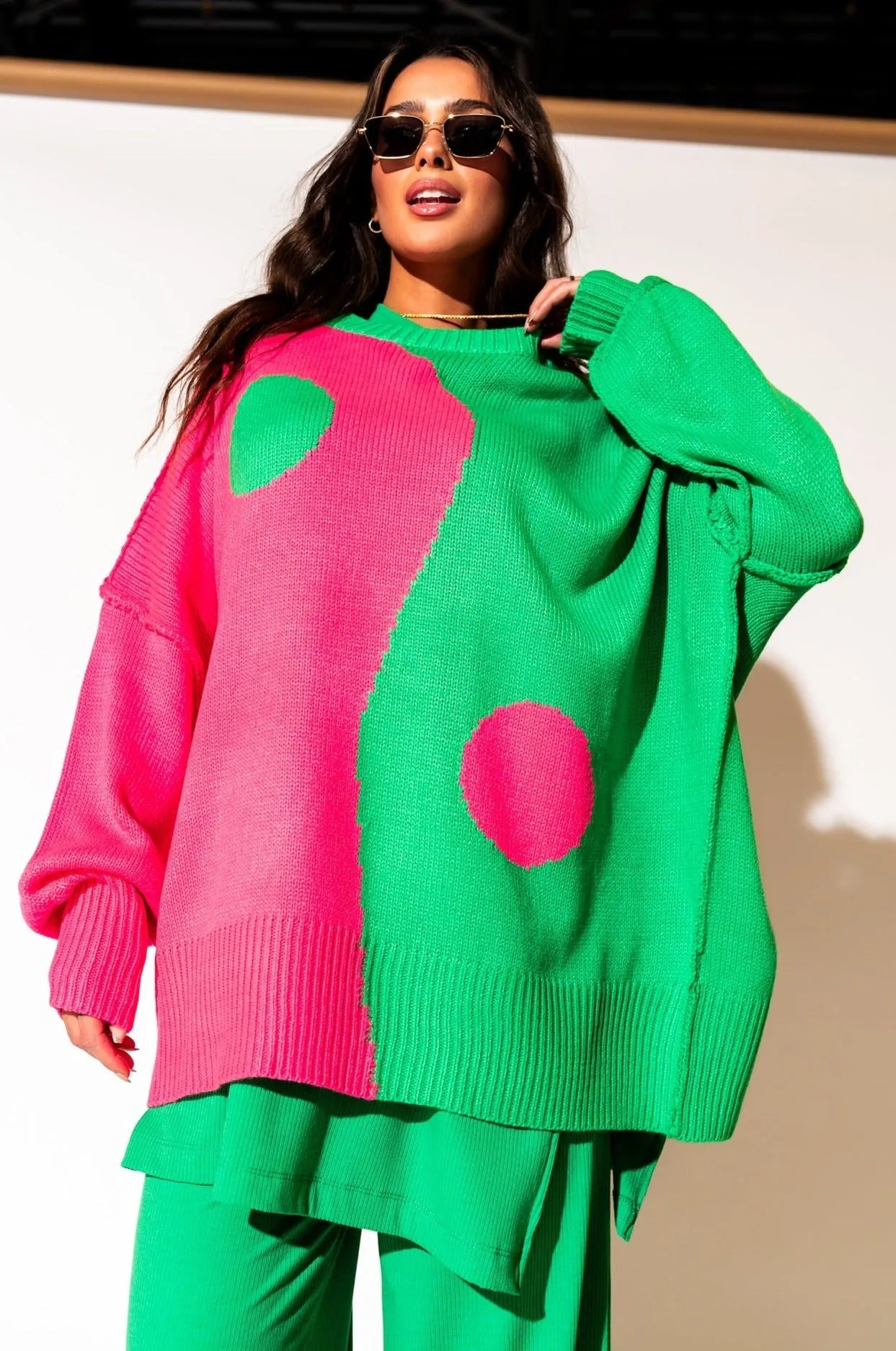 Yin Yang Gang Oversized Knit in Electric Watermelon sold by Dressed In Lala