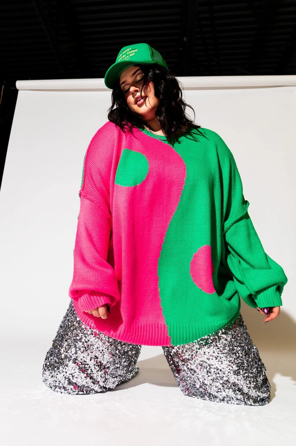 Yin Yang Gang Oversized Knit in Electric Watermelon sold by Dressed In Lala product image thumbnail 5