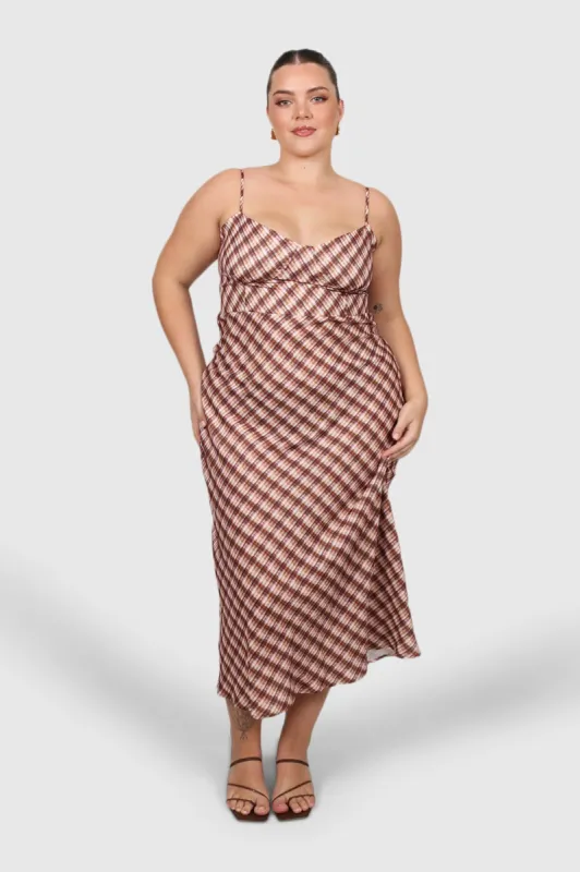 MARGOT SLIP MIDI DRESS BROWN CHECK sold by FAYT The Label