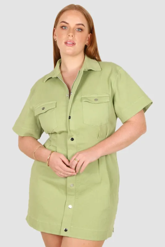 SAVEIRA DENIM DRESS PISTACHIO sold by FAYT The Label