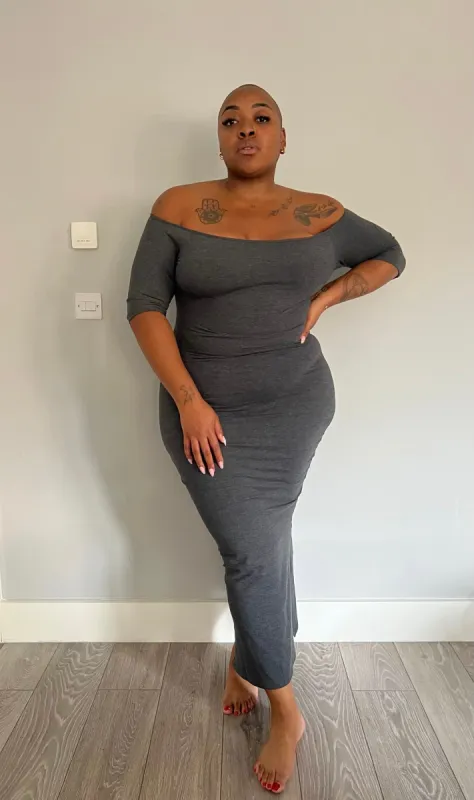 Baza Midi Dress 3/4 sleeve in Misty Grey sold by Manners London