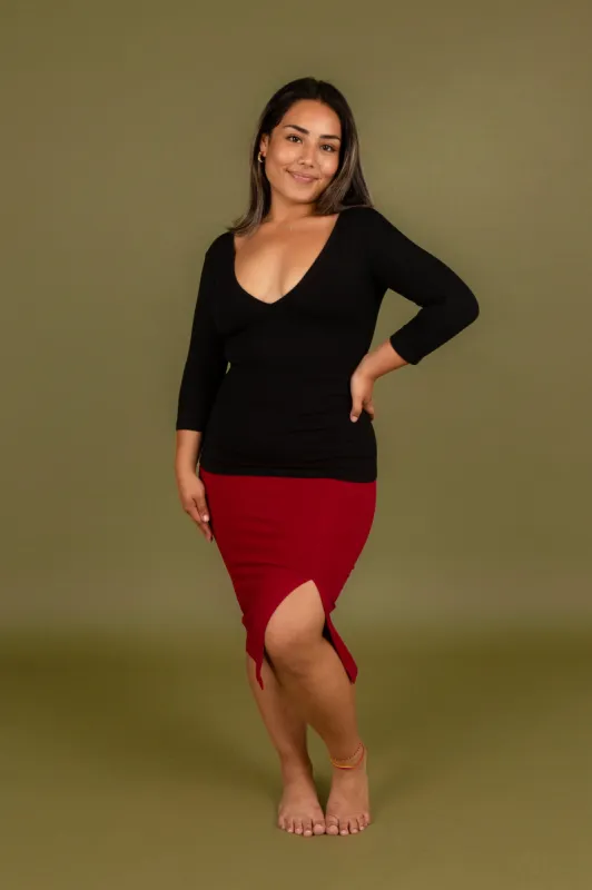 Split Midi Skirt Petite in Burgundy sold by Manners London