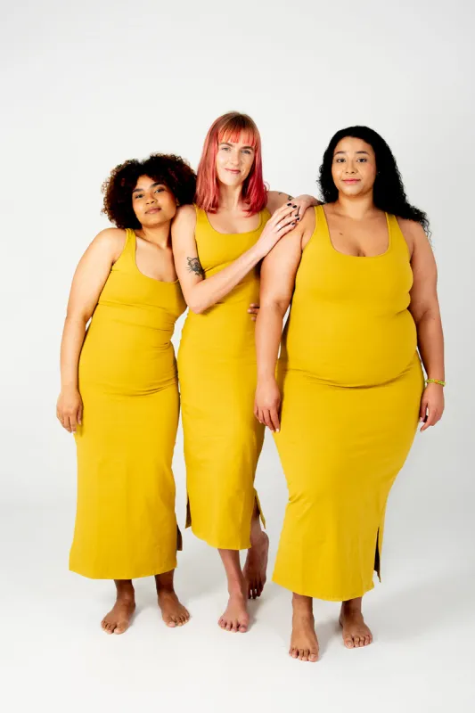 Shinni Neck Midi Dress In Mustard Seed sold by Manners London