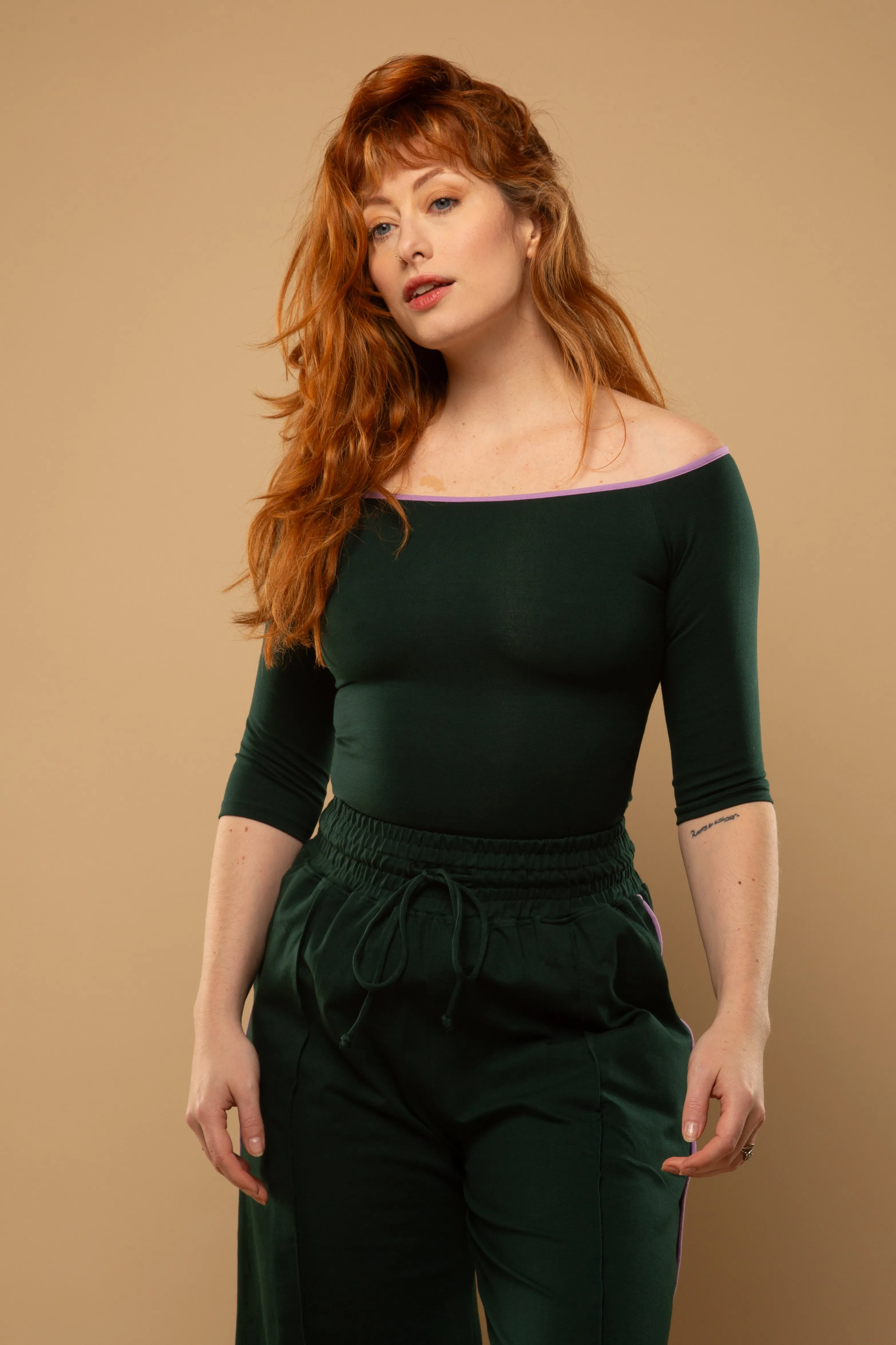 Bardot Crop Top in Forest Green ( with lilac piping) sold by Manners London product image thumbnail 2