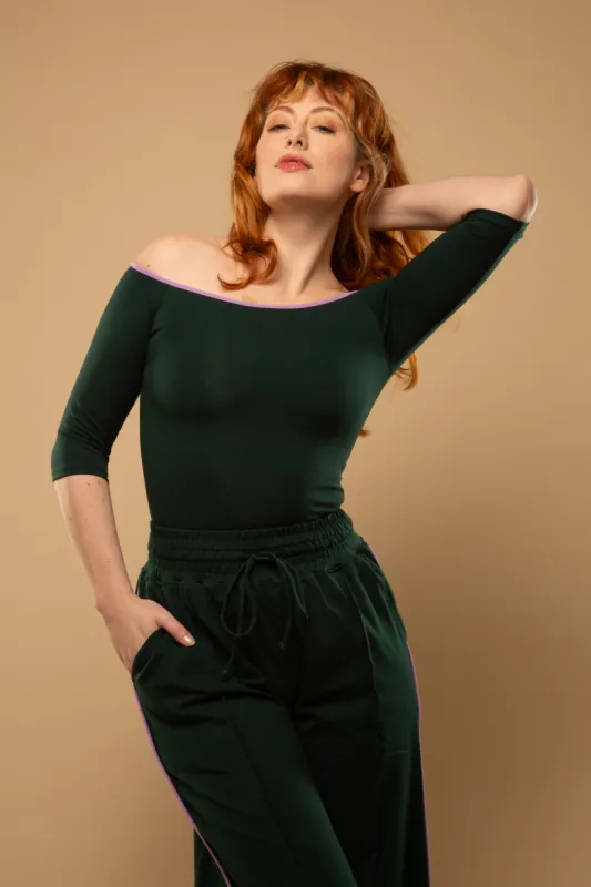 Bardot Crop Top in Forest Green ( with lilac piping) sold by Manners London