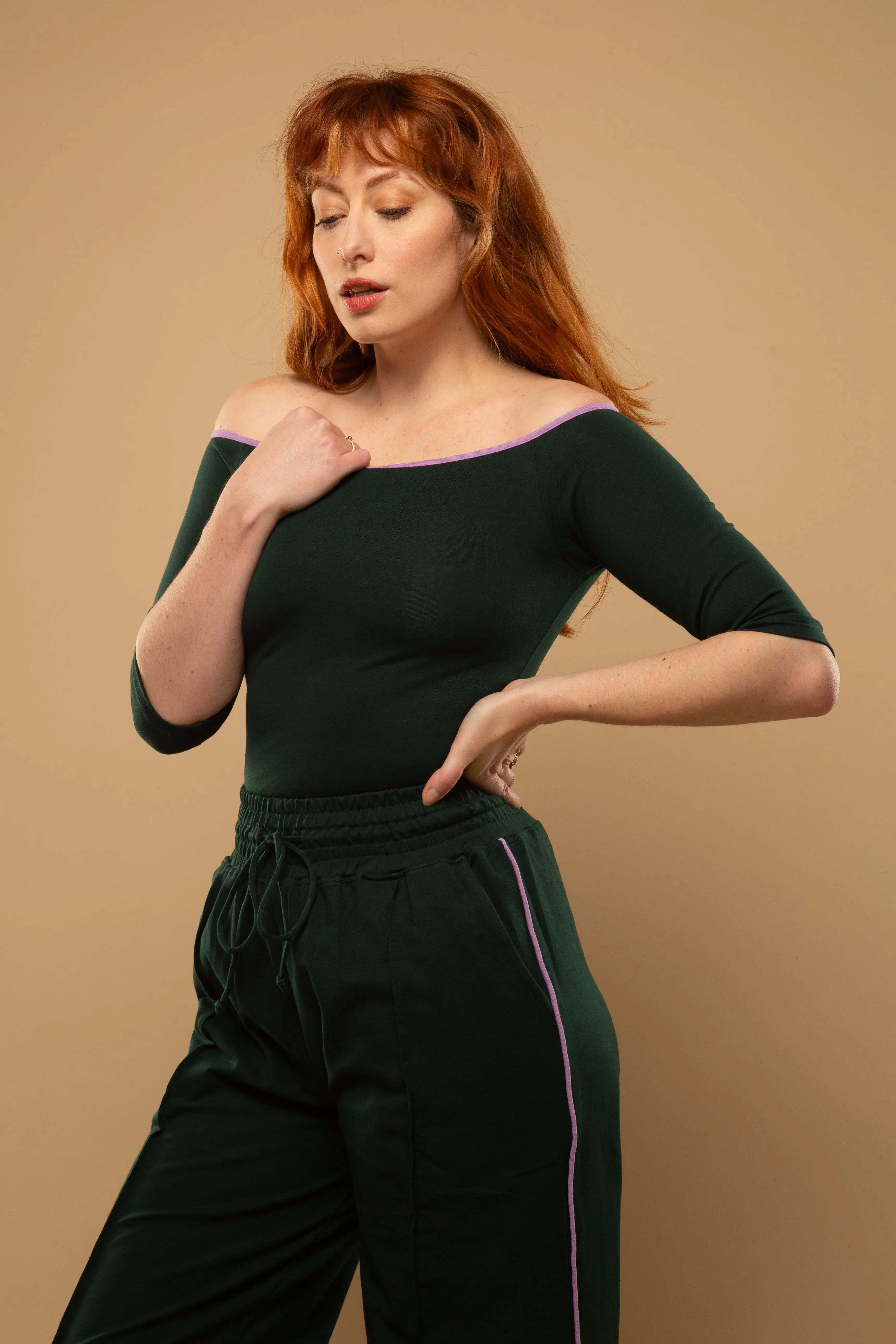 Bardot Crop Top in Forest Green ( with lilac piping) sold by Manners London product image thumbnail 3