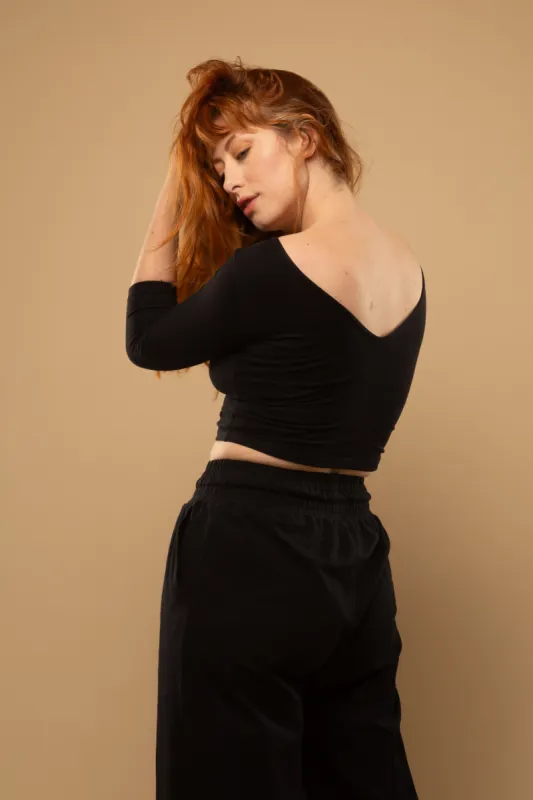 Reversible V-neck Crop Top 3/4 sleeve in Black sold by Manners London