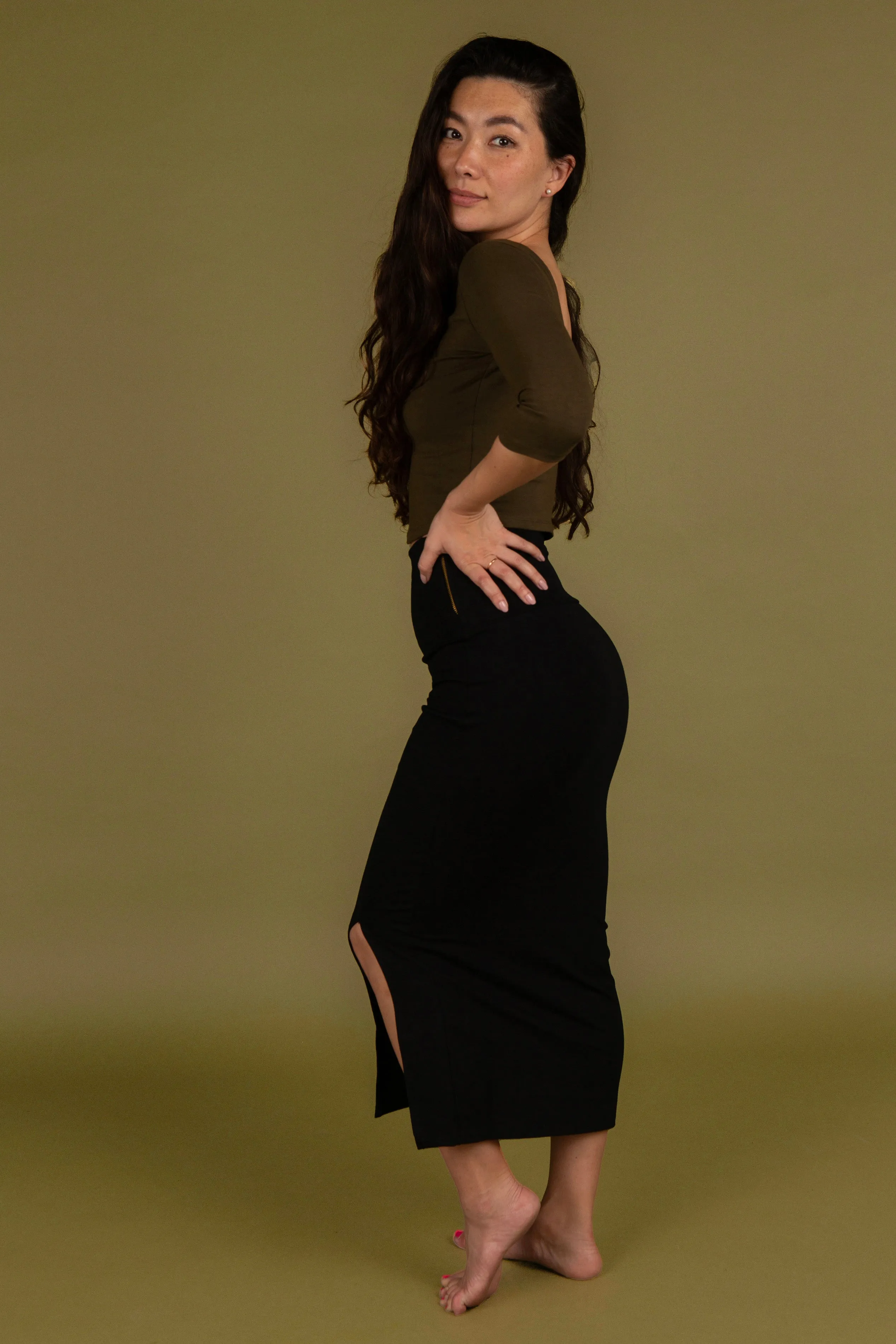 Reversible V-neck Crop Top 3/4 sleeve in Khaki Green sold by Manners London product image thumbnail 2