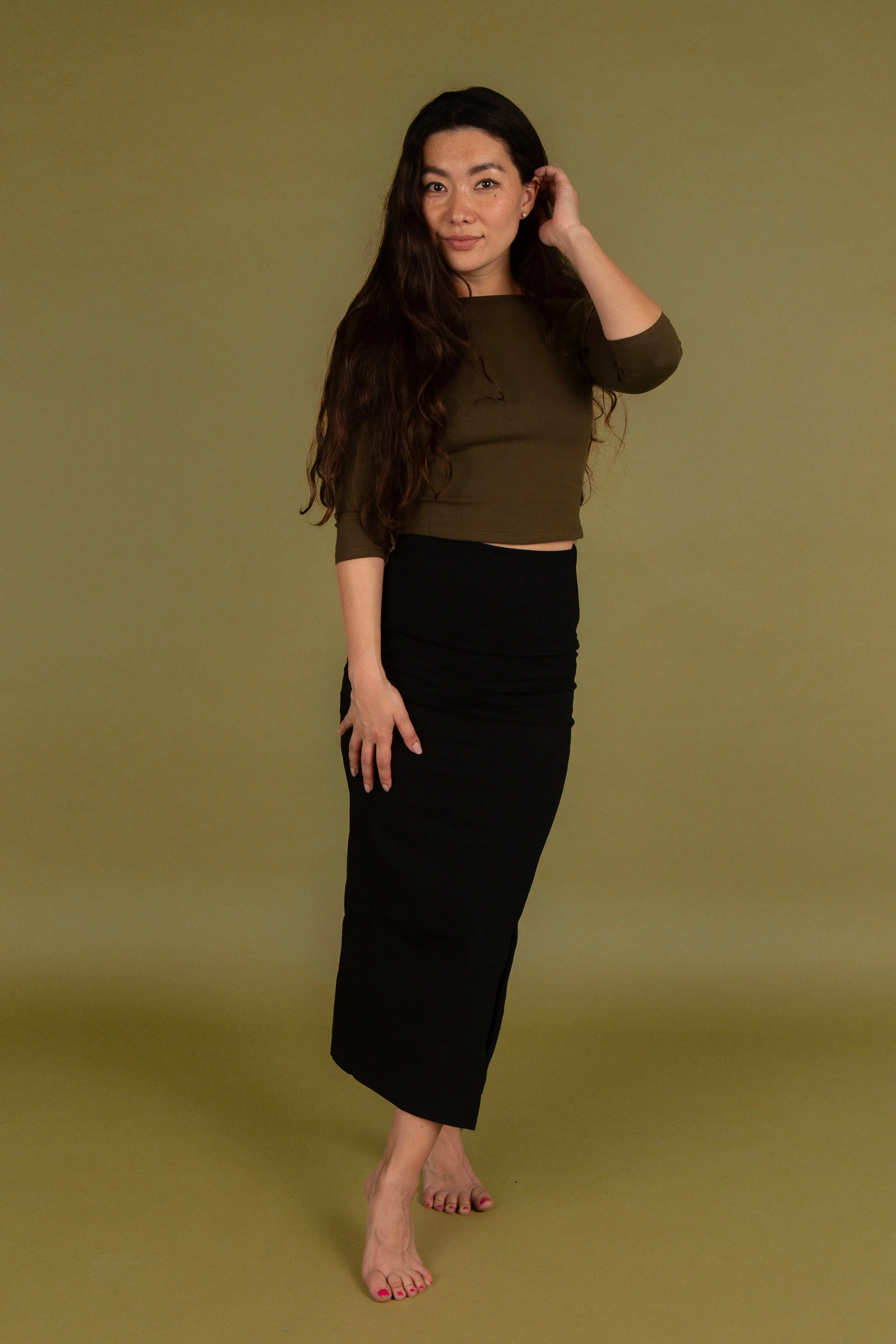 Reversible V-neck Crop Top 3/4 sleeve in Khaki Green sold by Manners London product image thumbnail 3