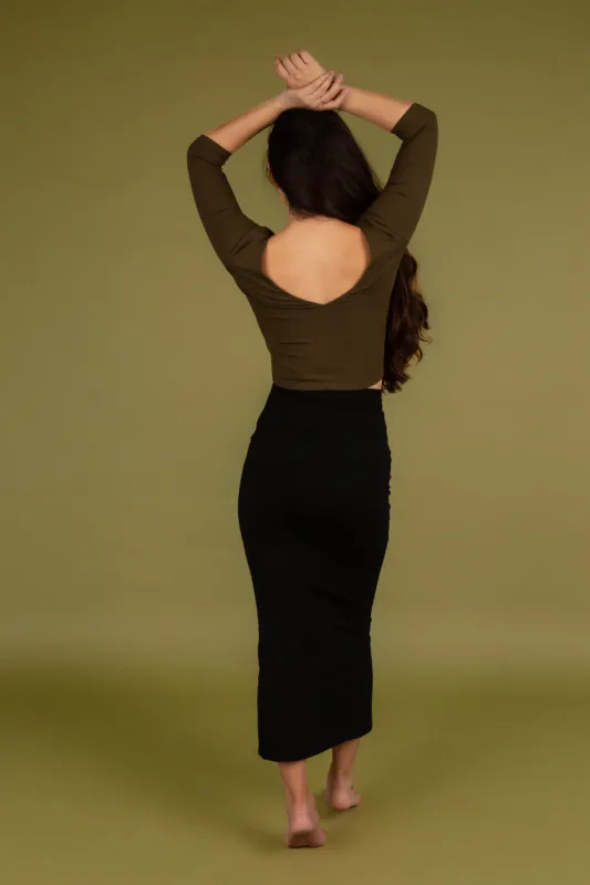 Reversible V-neck Crop Top 3/4 sleeve in Khaki Green sold by Manners London