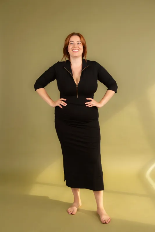 Zip Midi Dress 3/4 Sleeve in Black sold by Manners London