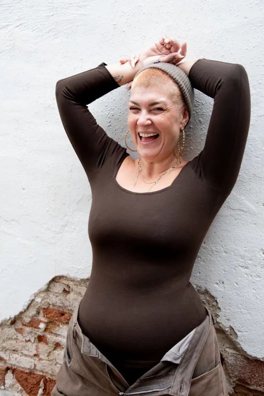 New Square Neck Full Length Top (Long Sleeves) in Cafe sold by Manners London
