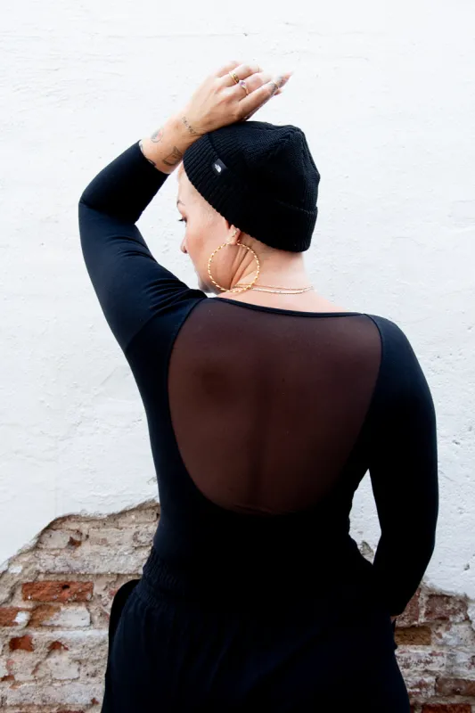 Mesh Scoop Back Top Full Length (7/8 Sleeve) in Black made by Manners London