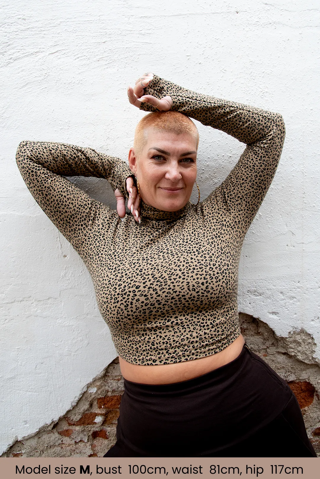 Turtle Neck Long Sleeve Crop Top with Hole in Classic Leopard sold by Manners London