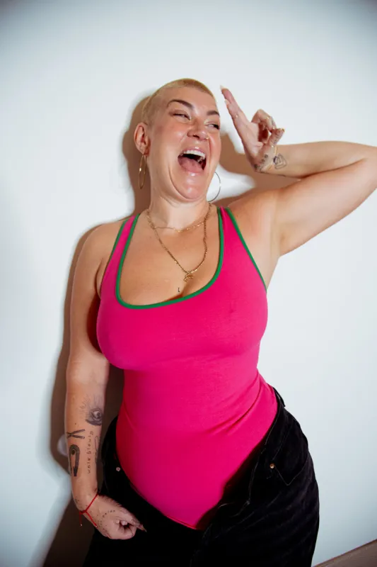 Shinni Neck Full Length Tank In Hot Pink/Grass Green piping sold by Manners London