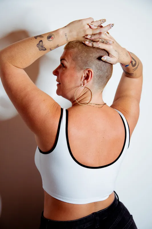 Api Crop Top in White/Black piping sold by Manners London