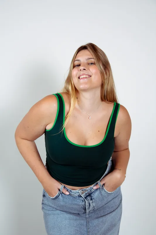 Api Mid Crop Top in Forest Green/Grass Green piping sold by Manners London