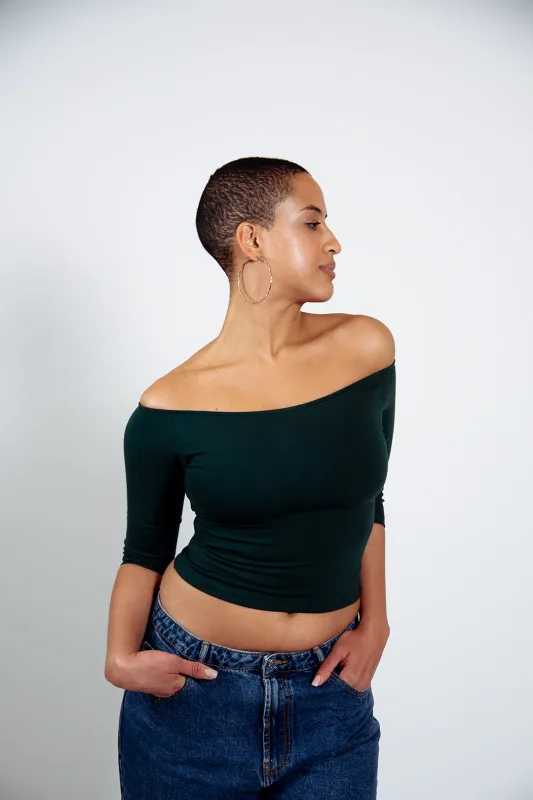 Bardot Mid Crop Top in Forest Green sold by Manners London
