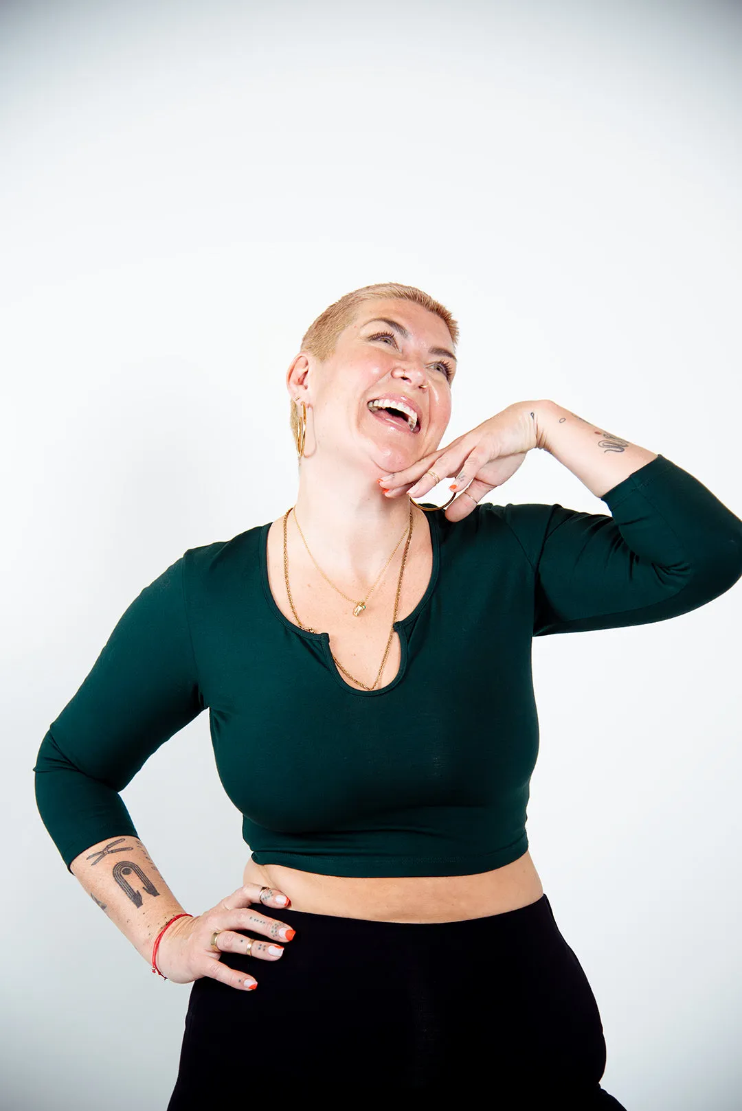 U Front Crop Top 3/4 sleeves in Forest Green sold by Manners London product image thumbnail 3