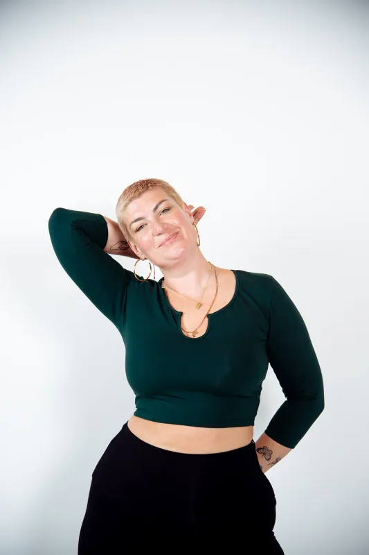 U Front Crop Top 3/4 sleeves in Forest Green sold by Manners London