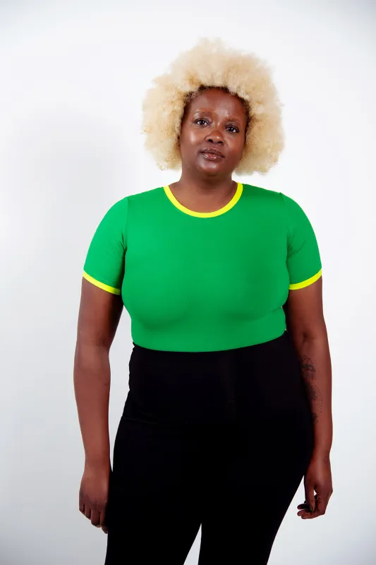 Crew Neck T-shirt in Full Length in Grass Green/Lime Green edging sold by Manners London