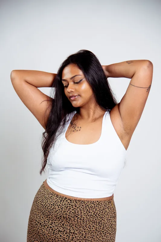 Shinni Neck Crop Tank in White sold by Manners London