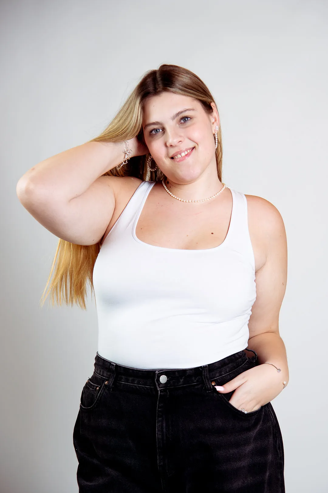 Shinni Neck Full Length Tank in White sold by Manners London