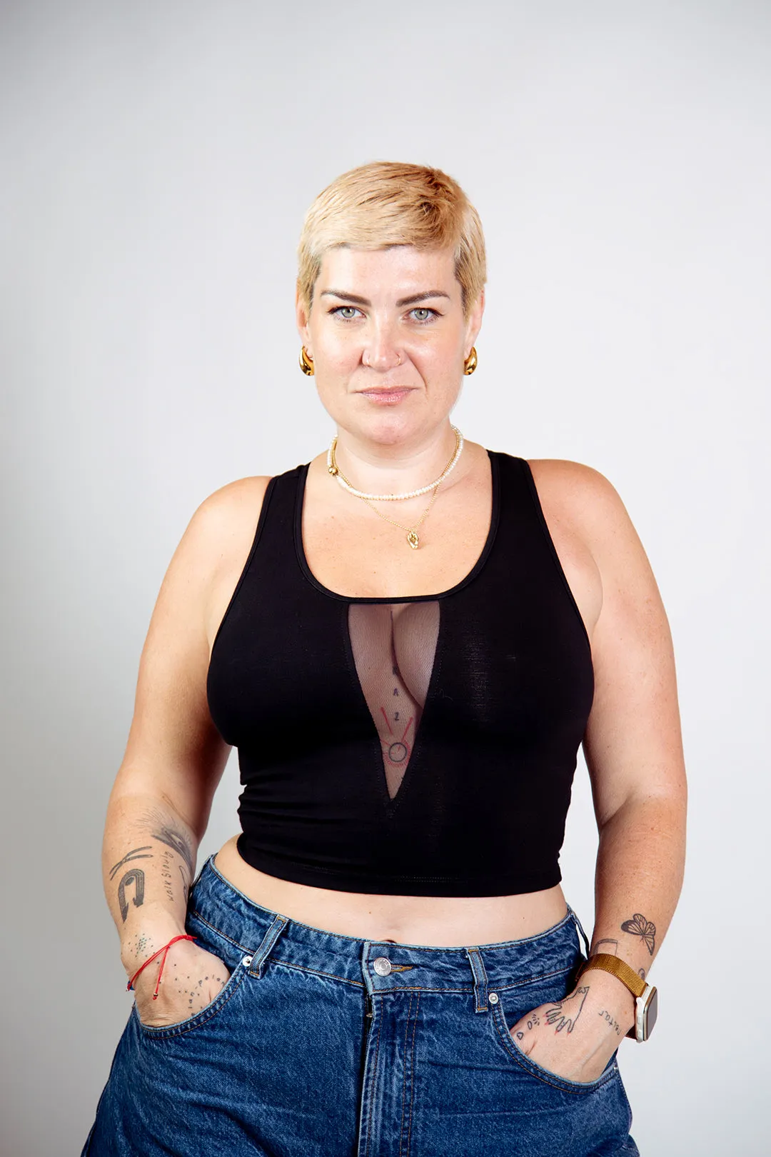 Mesh V-Neck Crop Top sleeveless in Black sold by Manners London product image thumbnail 3