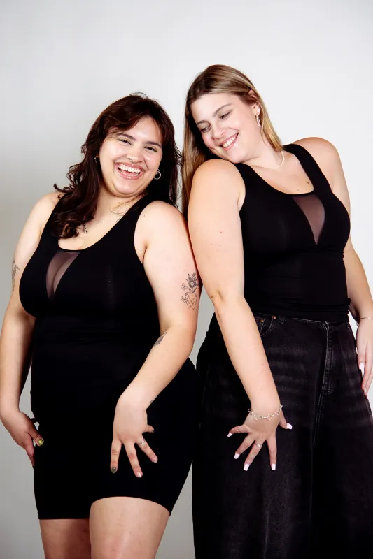 Mesh V-Neck Full Length Top sleeveless in Black sold by Manners London