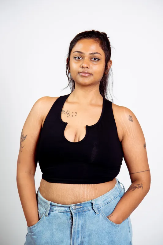 U Front Crop Top sleeveless in Black sold by Manners London