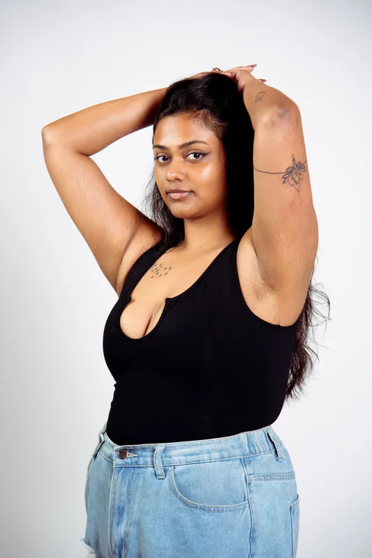 U Front Full Length Top sleeveless in Black made by Manners London