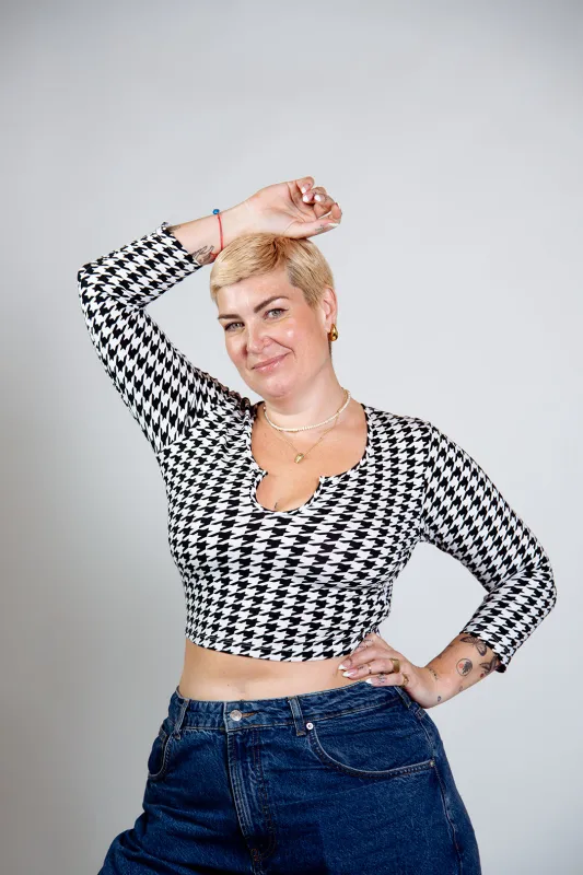 U Front Crop Top 6/7 sleeves in Houndstooth Print sold by Manners London