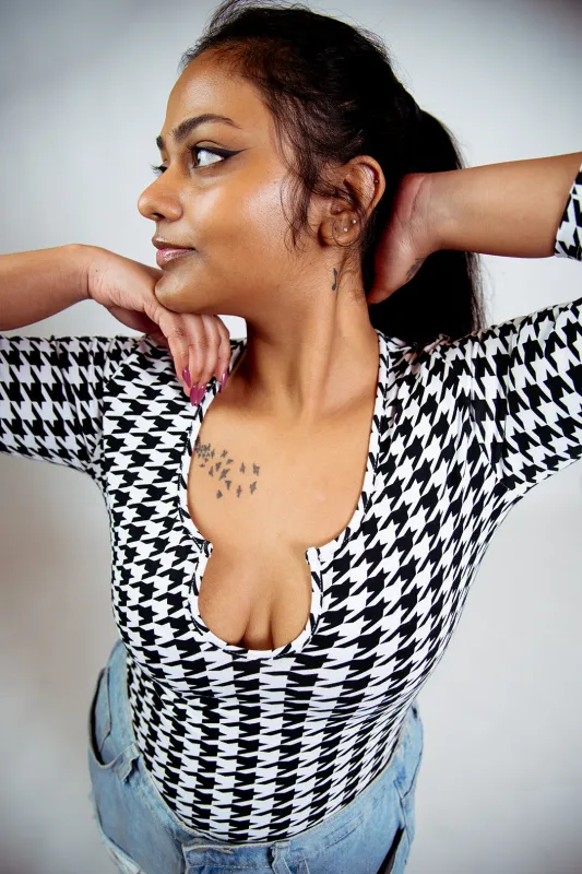 U Front Full Length Top 6/7 sleeves in Houndstooth Print sold by Manners London