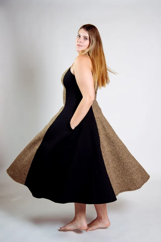 Kala Dress Midi Regular in panel Black/Classic Leopard sold by Manners London