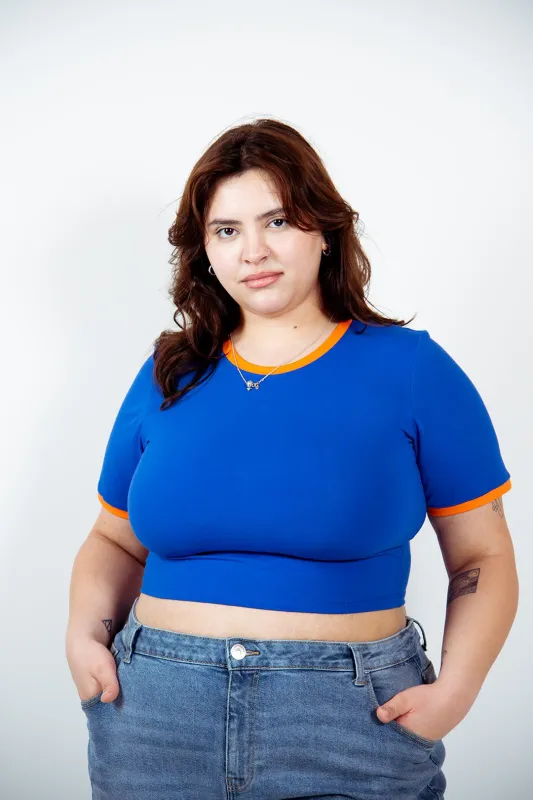 Crew Neck Crop T-shirt in Forgetmenot/Tangerin edging sold by Manners London