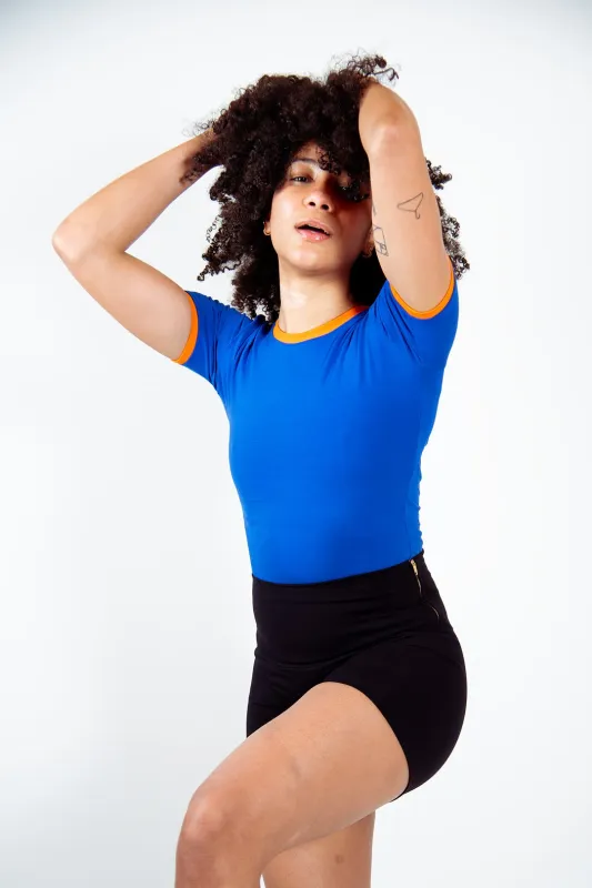 Crew Neck T-shirt in Full Length in Forgetmenot/Tangerin edging sold by Manners London