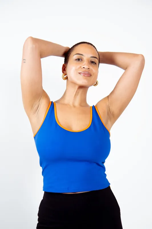 Api Mid Crop Top in Forgetmenot/Tangerine edging sold by Manners London