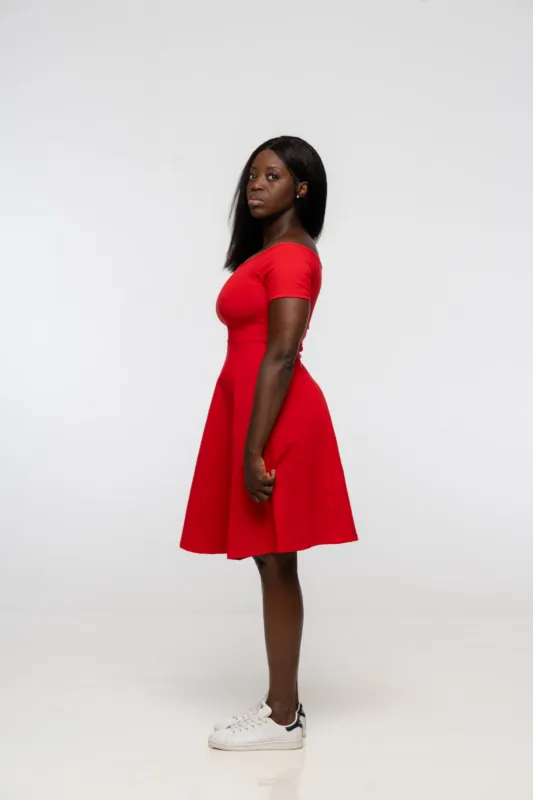 Bardot Mini A-Line Dress short sleeve in Pomegranate Red sold by Manners London