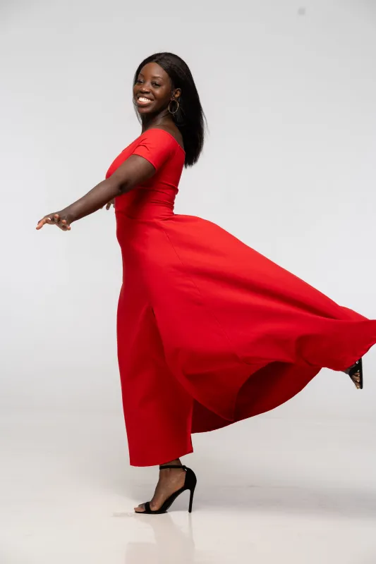 Bardot Midi A-Line Dress in Pomegranate Red sold by Manners London