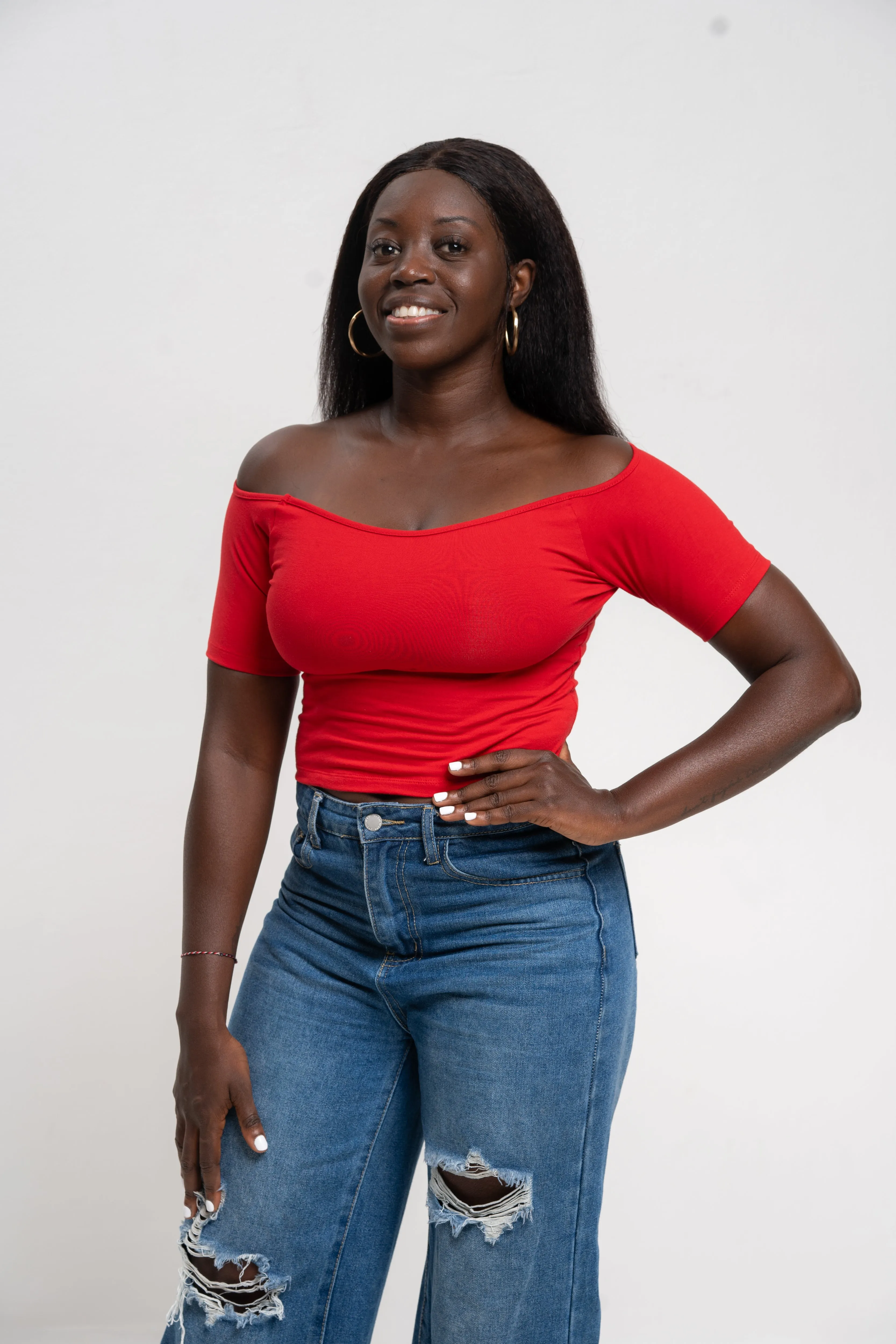 Bardot Short Sleeve Mid Crop Top in Pomegranate Red sold by Manners London product image thumbnail 5