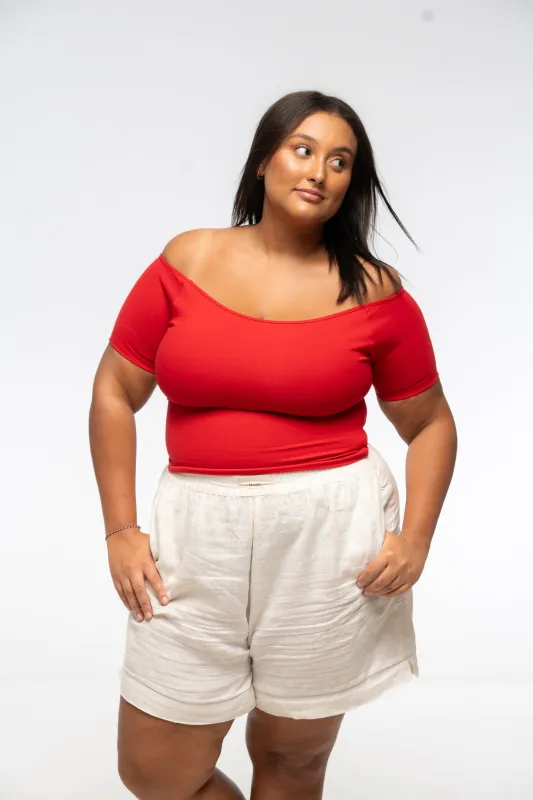 Bardot Short Sleeve Mid Crop Top in Pomegranate Red sold by Manners London