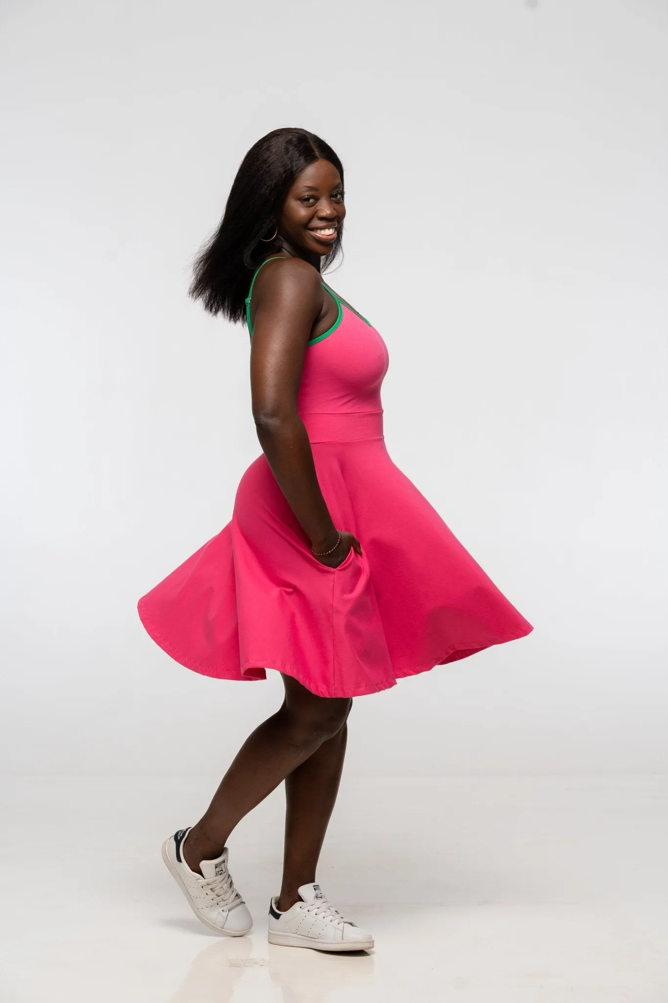 Jola Pocket Skater Mini Dress in Hot Pink / Grass Green sold by Manners London product image thumbnail 2